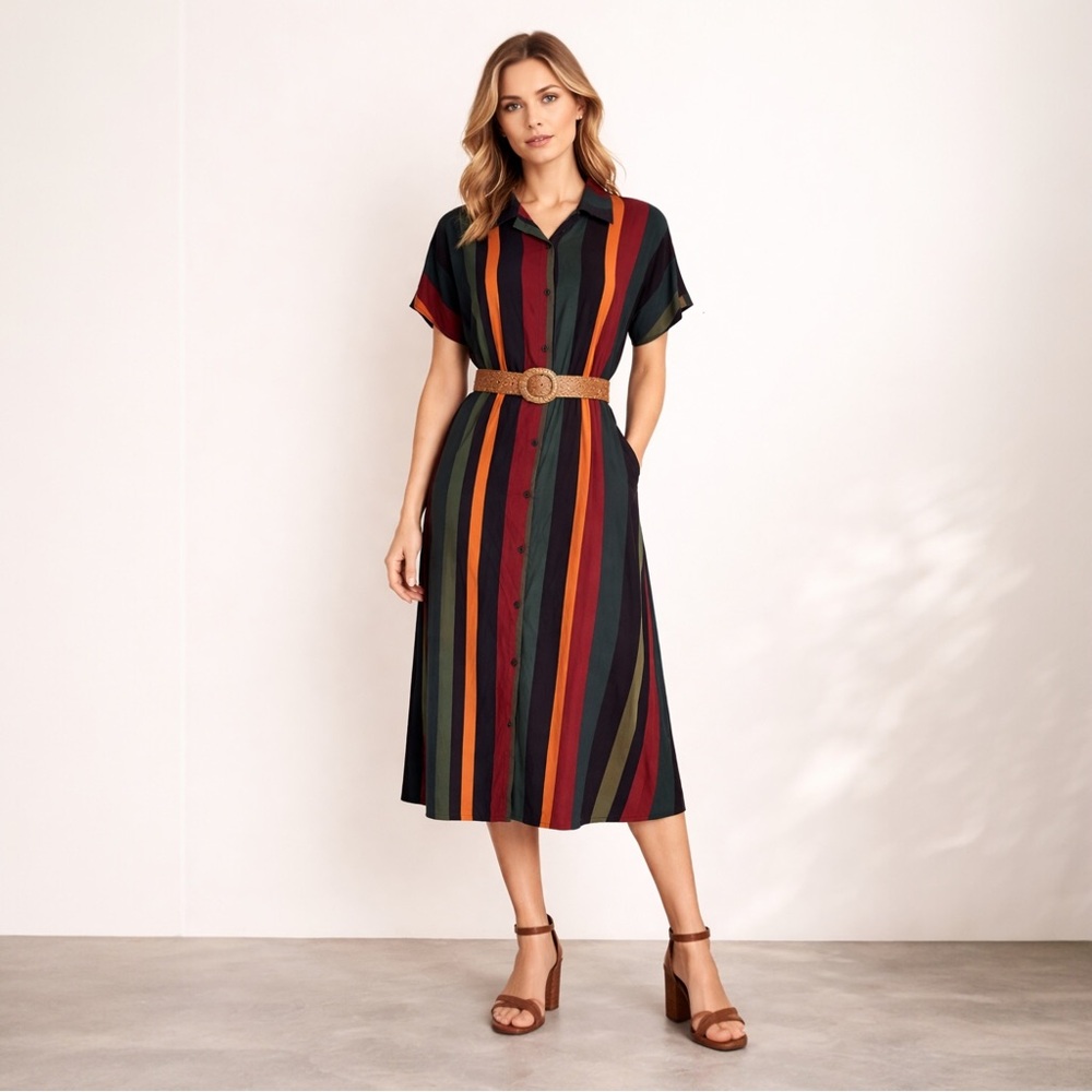 SHEIN Colorblock Striped Shirt Dress Button Front Midi Casual Chic Y2K Size L